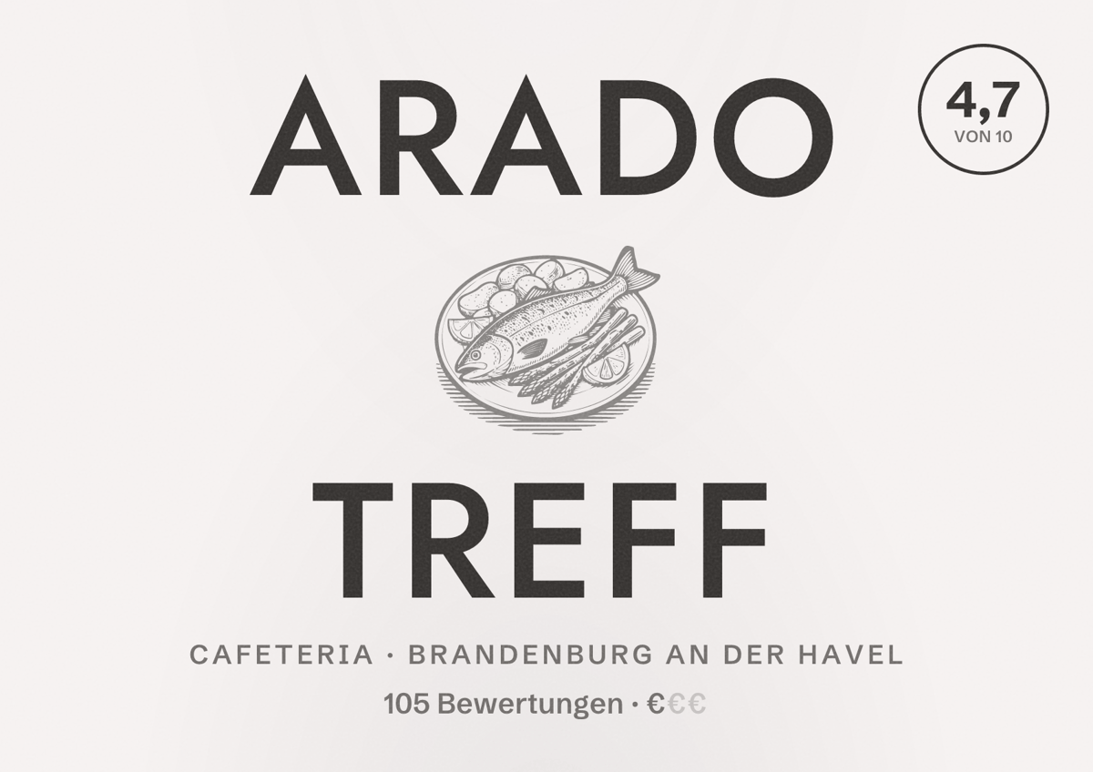 Illustriertes Poster von Arado Treff, Cafeteria in Brandenburg an der Havel: Bewertung 4,7 von 10 aus 105 Bewertungen, Preisniveau €