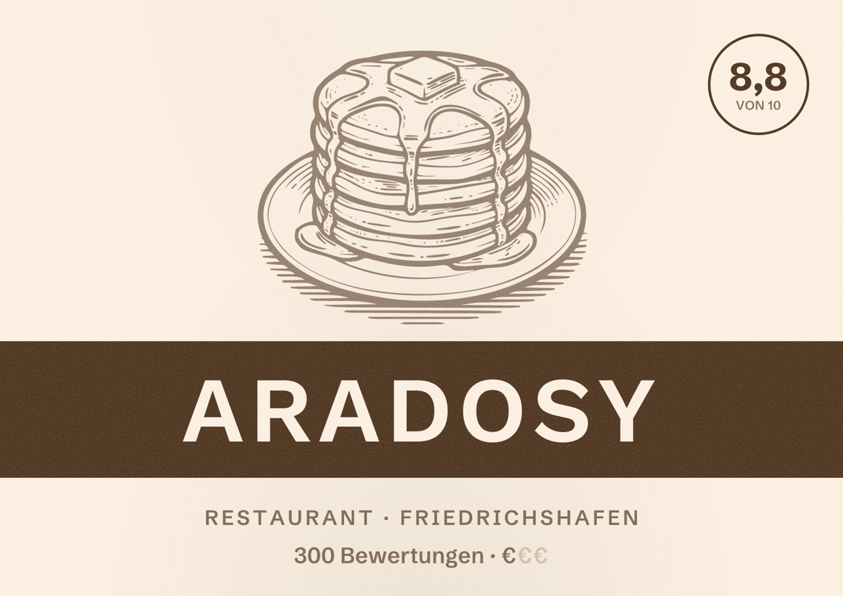Illustriertes Poster von ARADOSY, Restaurant in Friedrichshafen: Bewertung 8,8 von 10 aus 300 Bewertungen, Preisniveau €