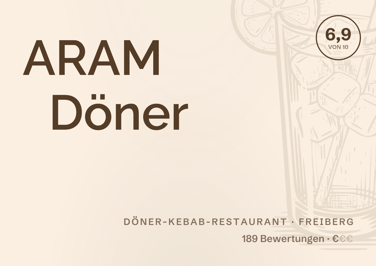 Illustriertes Poster von ARAM Döner, Döner-Kebab-Restaurant in Freiberg: Bewertung 6,9 von 10 aus 189 Bewertungen, Preisniveau €