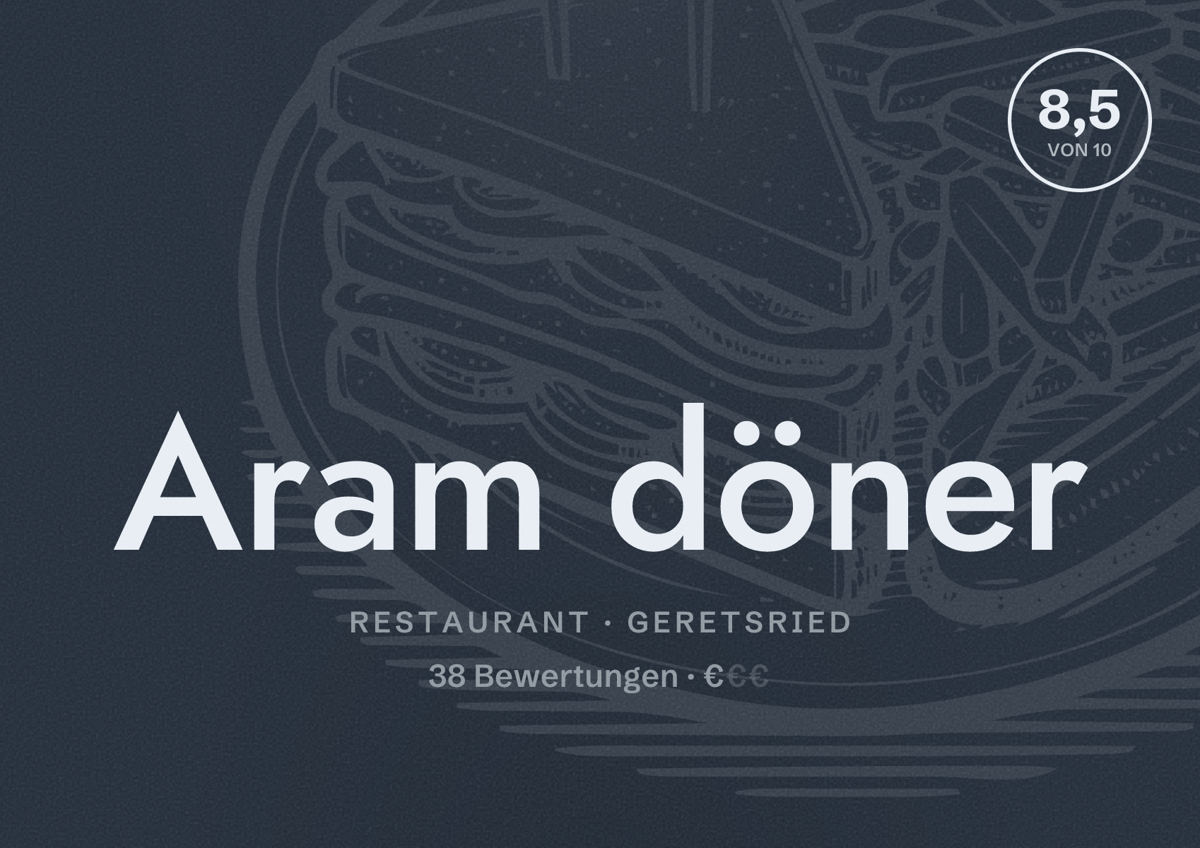 Illustriertes Poster von Aram döner, Restaurant in Geretsried: Bewertung 8,5 von 10 aus 38 Bewertungen, Preisniveau €