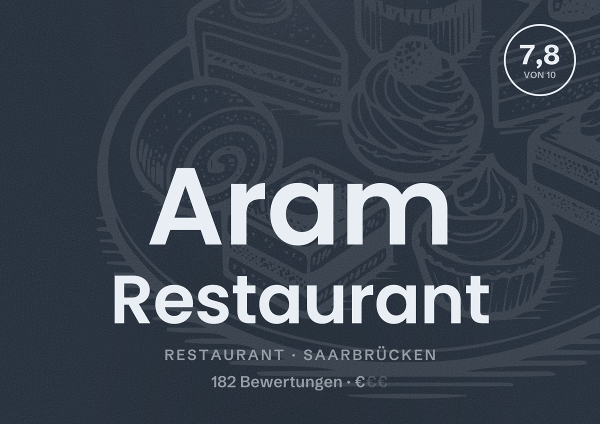 Illustriertes Poster von Aram Restaurant, Restaurant in Saarbrücken: Bewertung 7,8 von 10 aus 182 Bewertungen, Preisniveau €