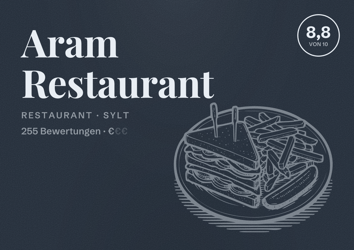 Illustriertes Poster von Aram Restaurant, Restaurant in Sylt: Bewertung 8,8 von 10 aus 255 Bewertungen, Preisniveau €