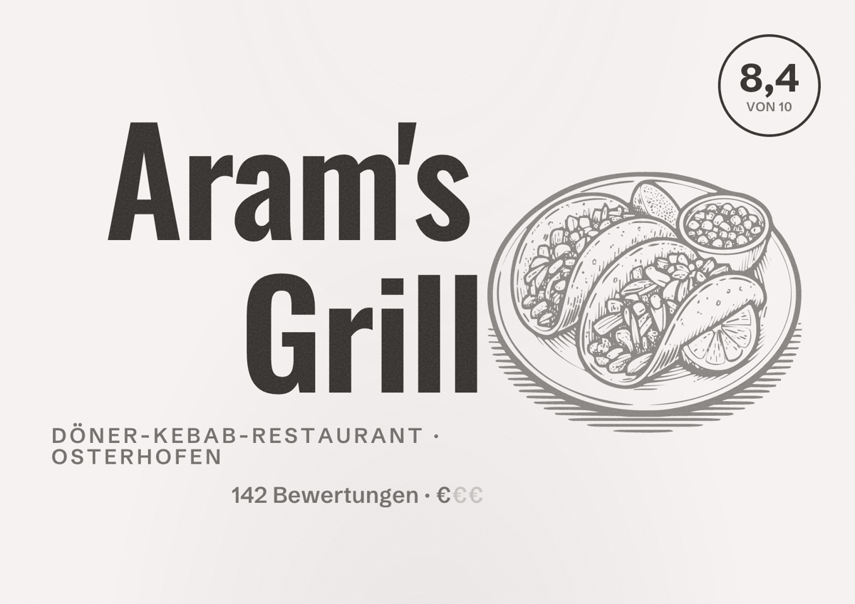 Illustriertes Poster von Aram's Grill, Döner-Kebab-Restaurant in Osterhofen: Bewertung 8,4 von 10 aus 142 Bewertungen, Preisniveau €