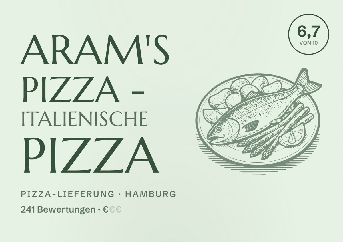 Illustriertes Poster von Aram's Pizza - Italienische Pizza, Pizza-Lieferung in Hamburg: Bewertung 6,7 von 10 aus 241 Bewertungen, Preisniveau €