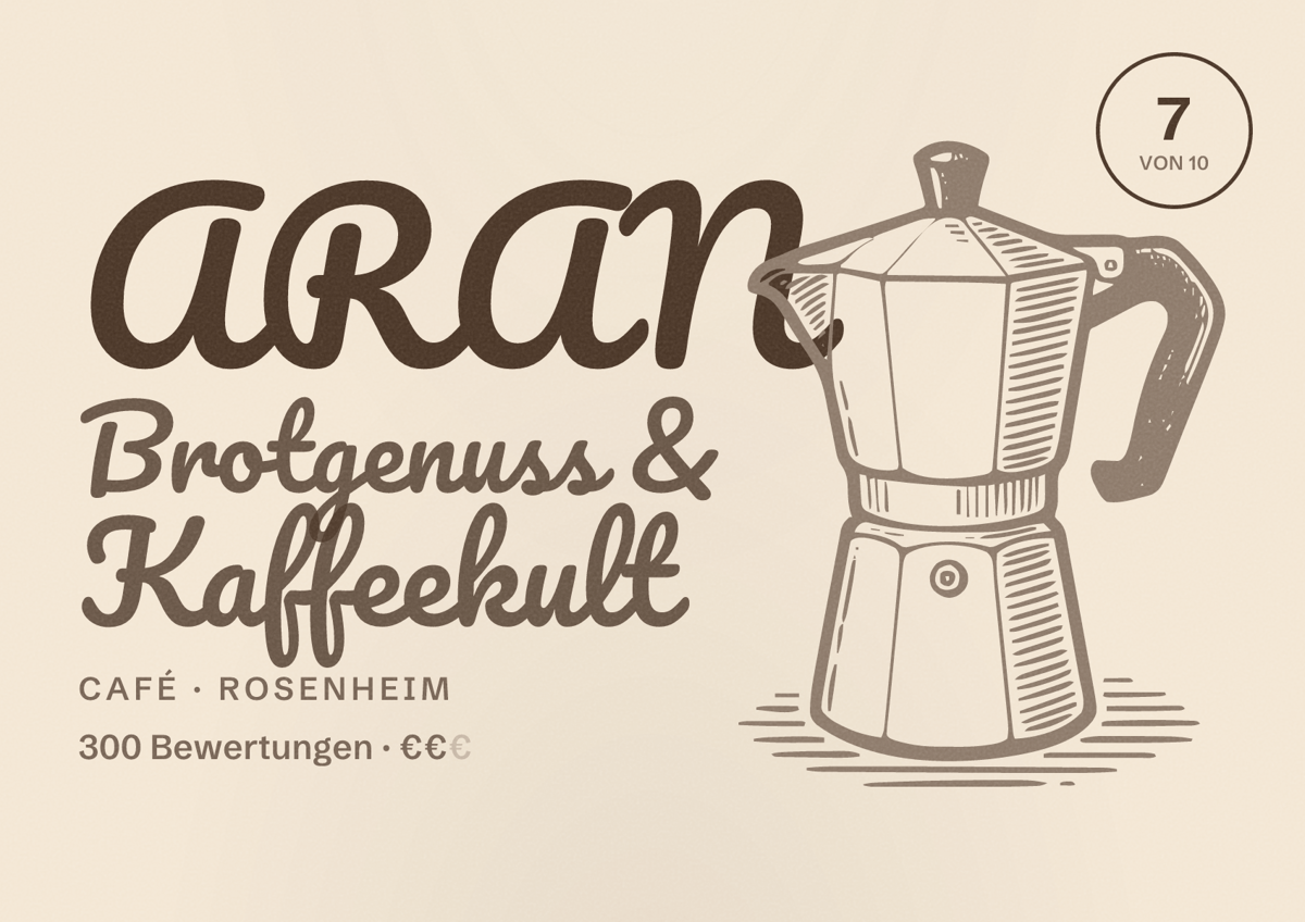 Illustriertes Poster von ARAN Brotgenuss & Kaffeekult, Café in Rosenheim: Bewertung 7 von 10 aus 300 Bewertungen, Preisniveau €€