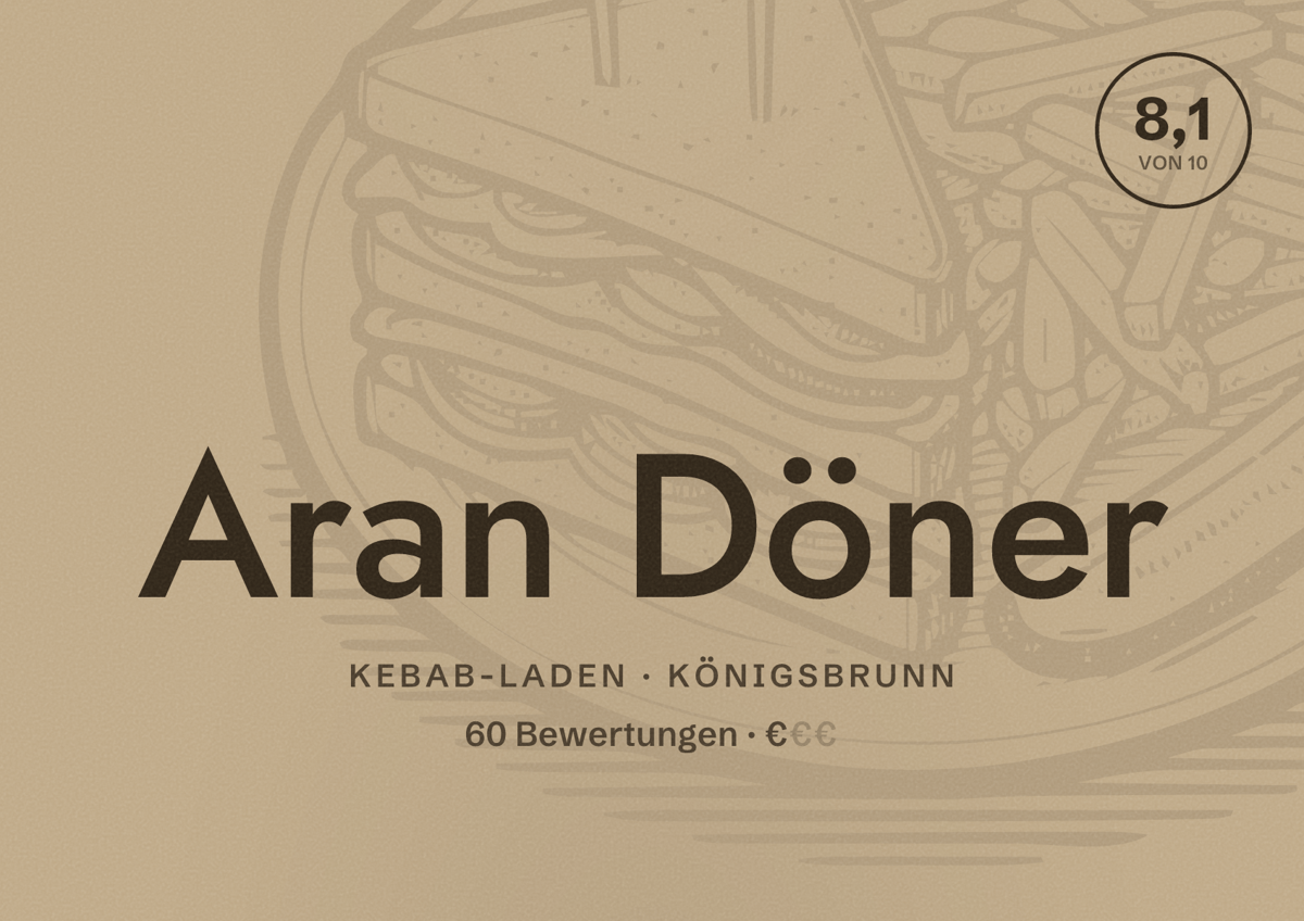 Illustriertes Poster von Aran Döner, Kebab-Laden in Königsbrunn: Bewertung 8,1 von 10 aus 60 Bewertungen, Preisniveau €