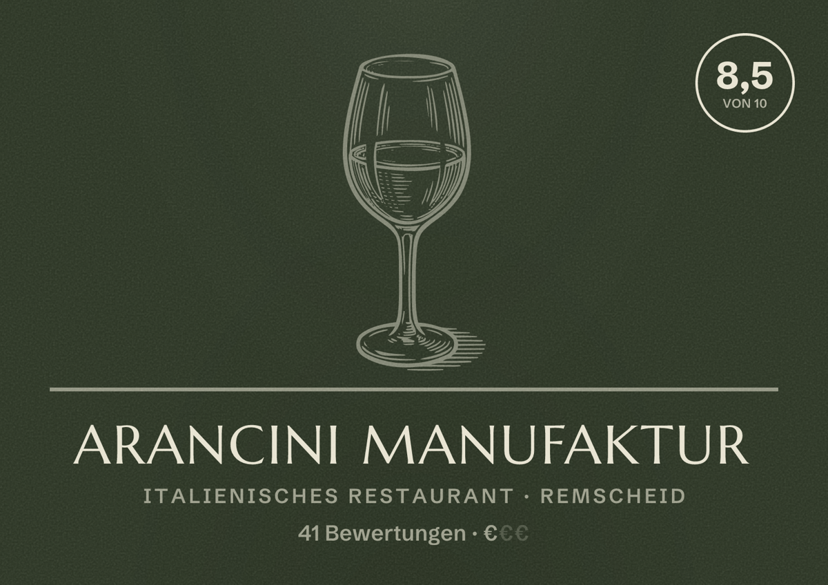 Illustriertes Poster von Arancini Manufaktur, Italienisches Restaurant in Remscheid: Bewertung 8,5 von 10 aus 41 Bewertungen, Preisniveau €