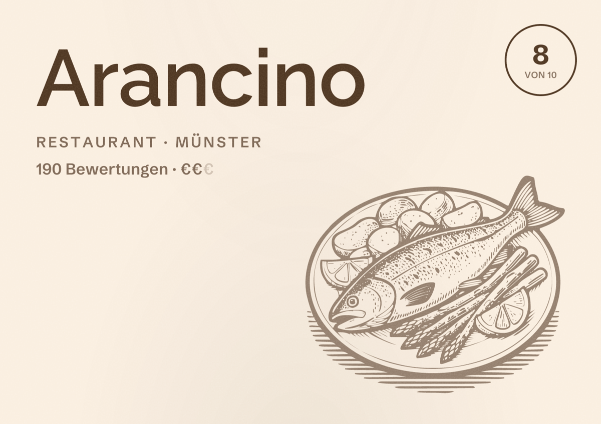 Illustriertes Poster von Arancino, Restaurant in Münster: Bewertung 8 von 10 aus 190 Bewertungen, Preisniveau €€
