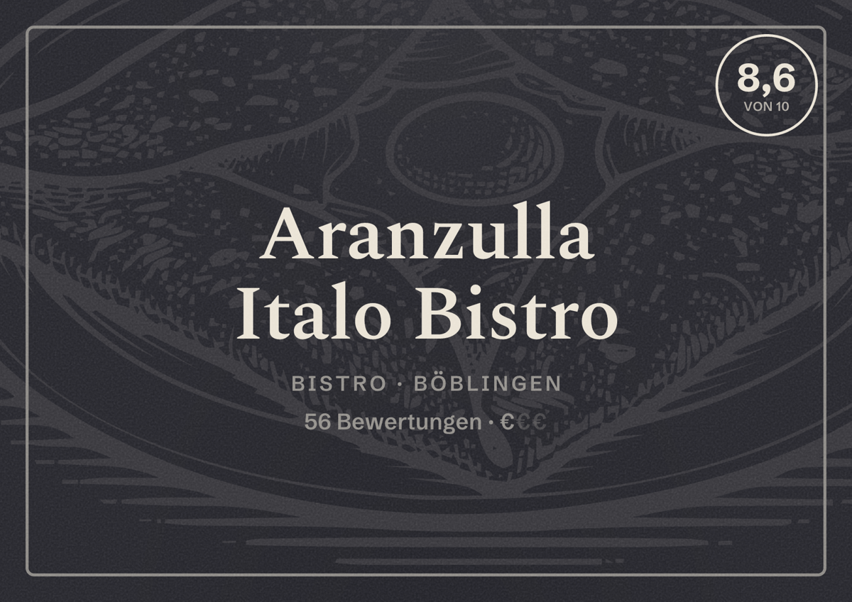Illustriertes Poster von Aranzulla Italo Bistro, Bistro in Böblingen: Bewertung 8,6 von 10 aus 56 Bewertungen, Preisniveau €