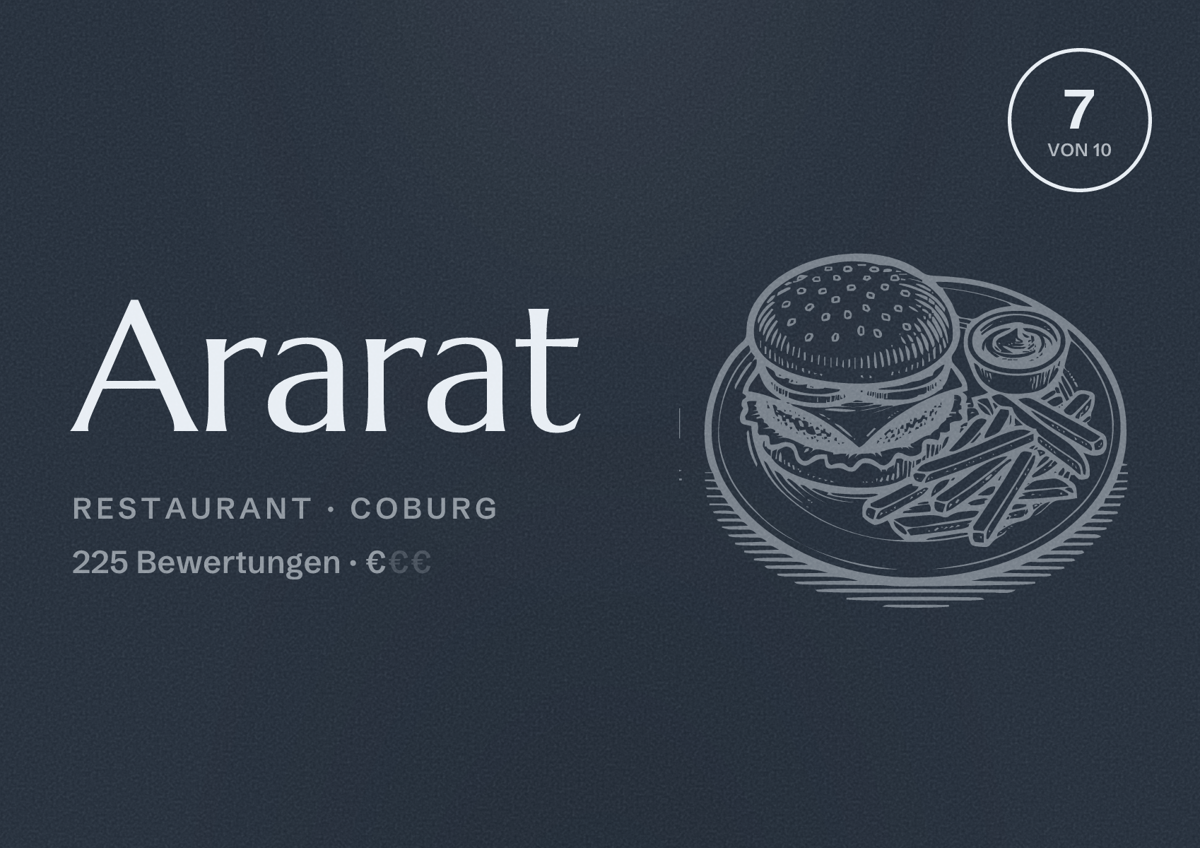 Illustriertes Poster von Ararat, Restaurant in Coburg: Bewertung 7 von 10 aus 225 Bewertungen, Preisniveau €