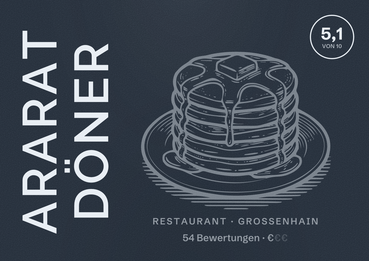 Illustriertes Poster von Ararat Döner, Restaurant in Großenhain: Bewertung 5,1 von 10 aus 54 Bewertungen, Preisniveau €