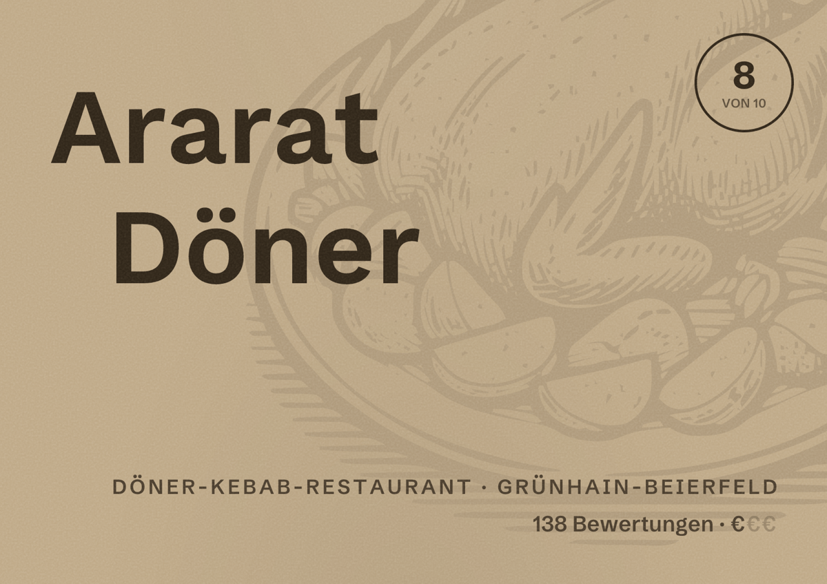 Illustriertes Poster von Ararat Döner, Döner-Kebab-Restaurant in Grünhain-Beierfeld: Bewertung 8 von 10 aus 138 Bewertungen, Preisniveau €