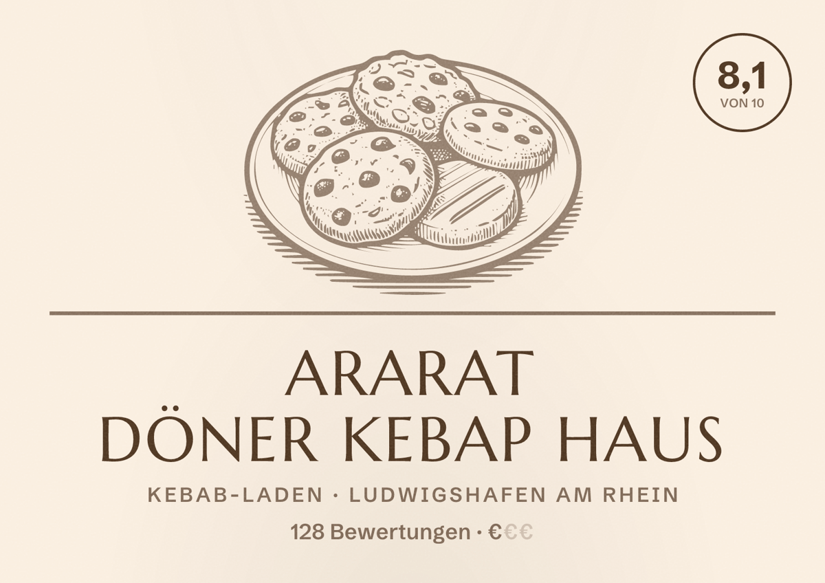 Illustriertes Poster von Ararat Döner Kebap Haus, Kebab-Laden in Ludwigshafen am Rhein: Bewertung 8,1 von 10 aus 128 Bewertungen, Preisniveau €