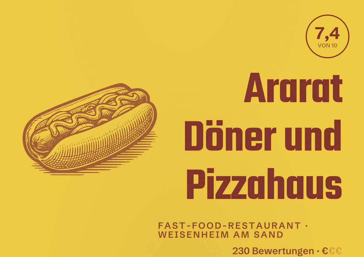 Illustriertes Poster von Ararat Döner und Pizzahaus, Fast-Food-Restaurant in Weisenheim am Sand: Bewertung 7,4 von 10 aus 230 Bewertungen, Preisniveau €