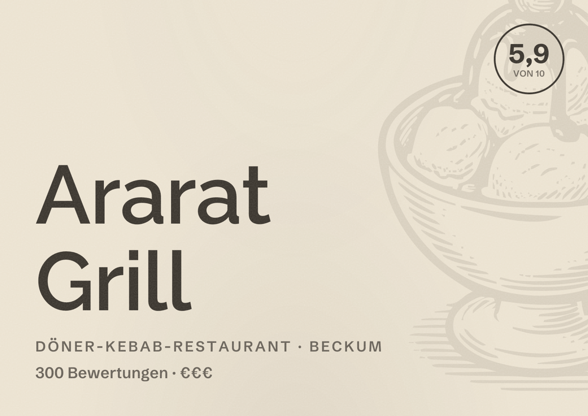 Illustriertes Poster von Ararat Grill, Döner-Kebab-Restaurant in Beckum: Bewertung 5,9 von 10 aus 300 Bewertungen, Preisniveau €€€