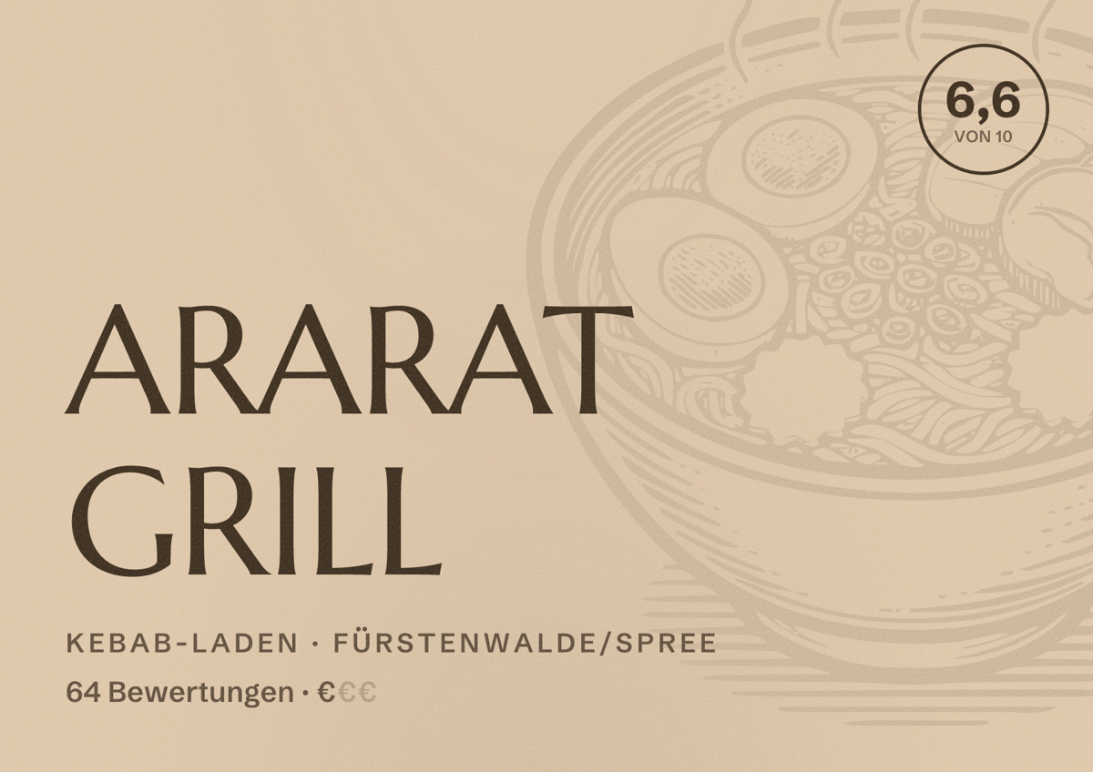 Illustriertes Poster von ARARAT GRILL, Kebab-Laden in Fürstenwalde/Spree: Bewertung 6,6 von 10 aus 64 Bewertungen, Preisniveau €