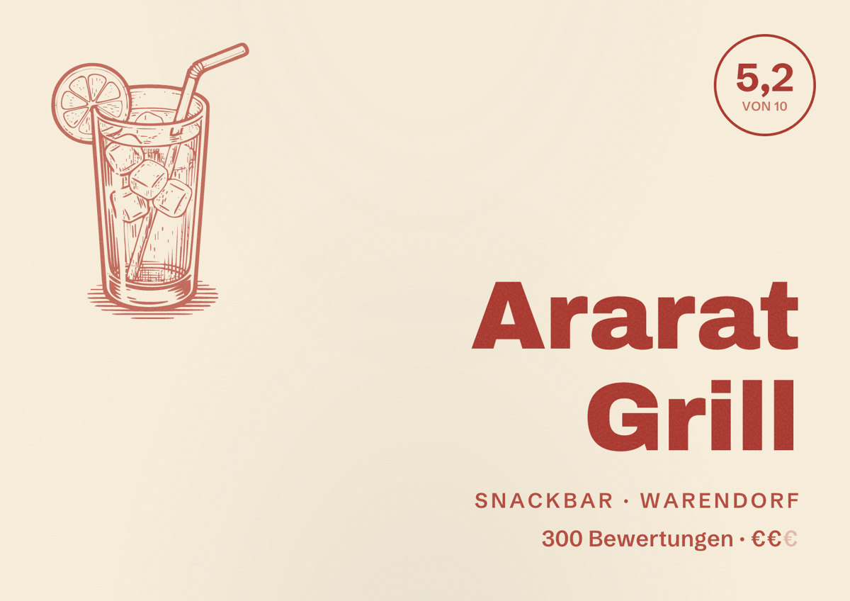 Illustriertes Poster von Ararat Grill, Snackbar in Warendorf: Bewertung 5,2 von 10 aus 300 Bewertungen, Preisniveau €€