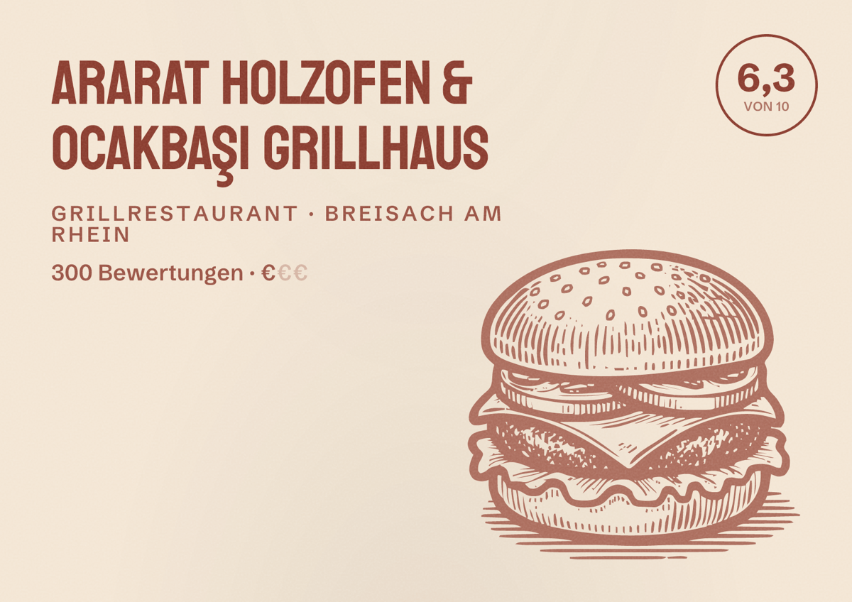 Illustriertes Poster von Ararat Holzofen & Ocakbaşi Grillhaus, Grillrestaurant in Breisach am Rhein: Bewertung 6,3 von 10 aus 300 Bewertungen, Preisniveau €