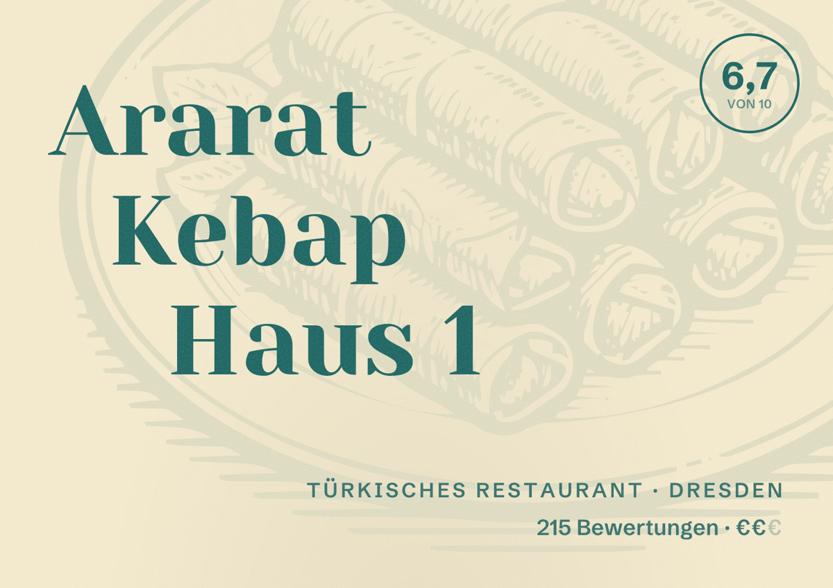 Illustriertes Poster von Ararat Kebap Haus 1, Türkisches Restaurant in Dresden: Bewertung 6,7 von 10 aus 215 Bewertungen, Preisniveau €€