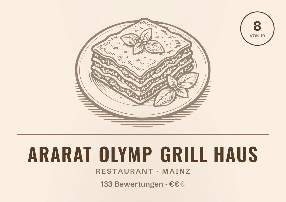 Illustriertes Poster von Ararat Olymp Grill Haus, Restaurant in Mainz: Bewertung 8 von 10 aus 133 Bewertungen, Preisniveau €€