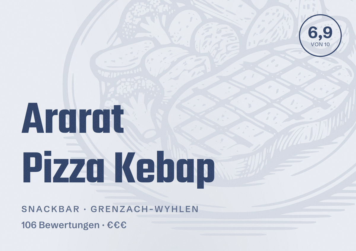 Illustriertes Poster von Ararat Pizza Kebap, Snackbar in Grenzach-Wyhlen: Bewertung 6,9 von 10 aus 106 Bewertungen, Preisniveau €€€