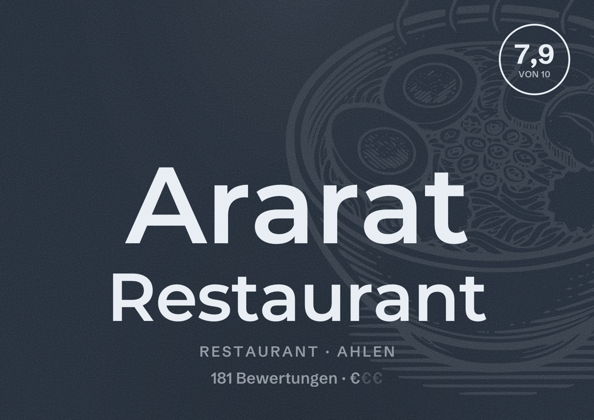 Illustriertes Poster von Ararat Restaurant, Restaurant in Ahlen: Bewertung 7,9 von 10 aus 181 Bewertungen, Preisniveau €