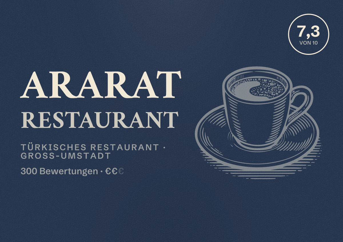 Illustriertes Poster von Ararat Restaurant, Türkisches Restaurant in Groß-Umstadt: Bewertung 7,3 von 10 aus 300 Bewertungen, Preisniveau €€
