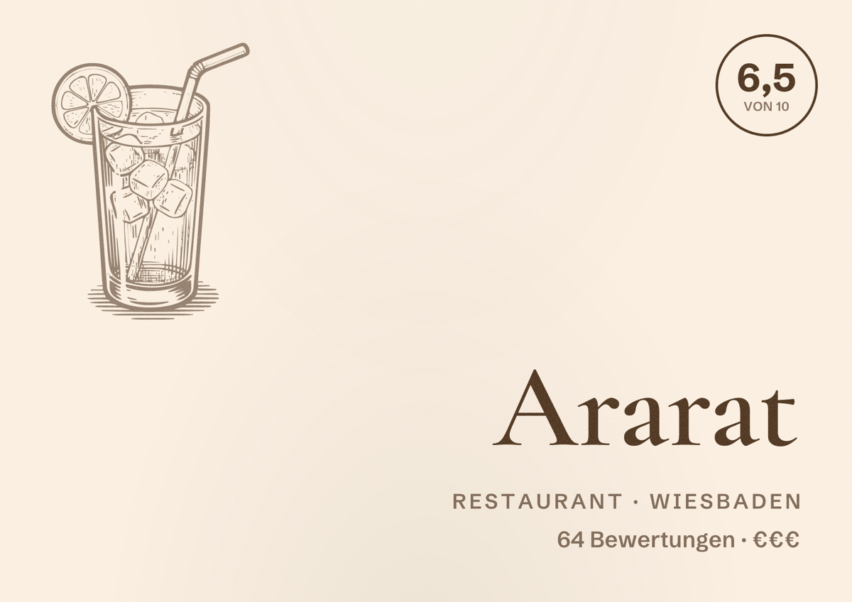 Illustriertes Poster von Ararat, Restaurant in Wiesbaden: Bewertung 6,5 von 10 aus 64 Bewertungen, Preisniveau €€€