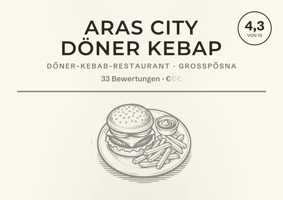 Illustriertes Poster von Aras City Döner Kebap, Döner-Kebab-Restaurant in Großpösna: Bewertung 4,3 von 10 aus 33 Bewertungen, Preisniveau €