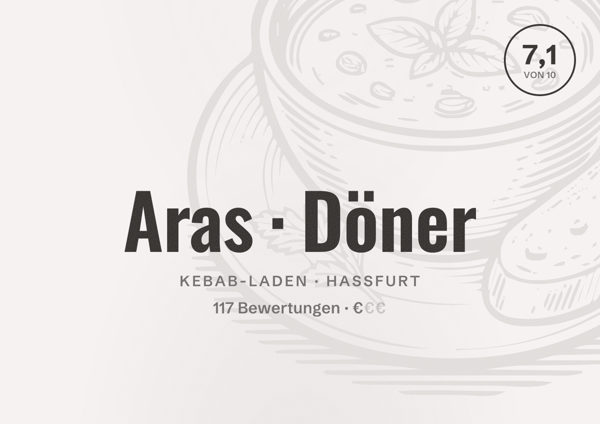 Illustriertes Poster von Aras Döner, Kebab-Laden in Haßfurt: Bewertung 7,1 von 10 aus 117 Bewertungen, Preisniveau €