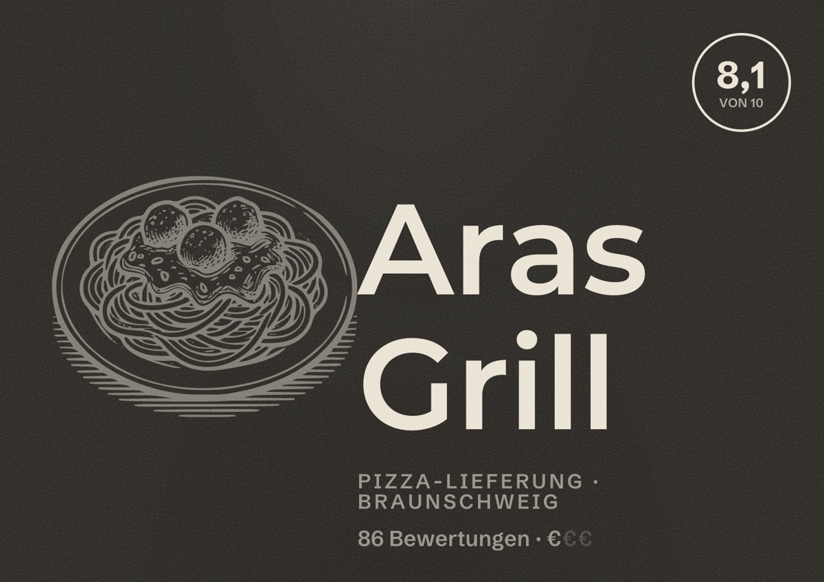 Illustriertes Poster von Aras Grill, Pizza-Lieferung in Braunschweig: Bewertung 8,1 von 10 aus 86 Bewertungen, Preisniveau €