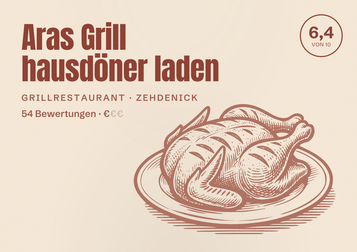 Illustriertes Poster von Aras Grill hausdöner laden, Grillrestaurant in Zehdenick: Bewertung 6,4 von 10 aus 54 Bewertungen, Preisniveau €
