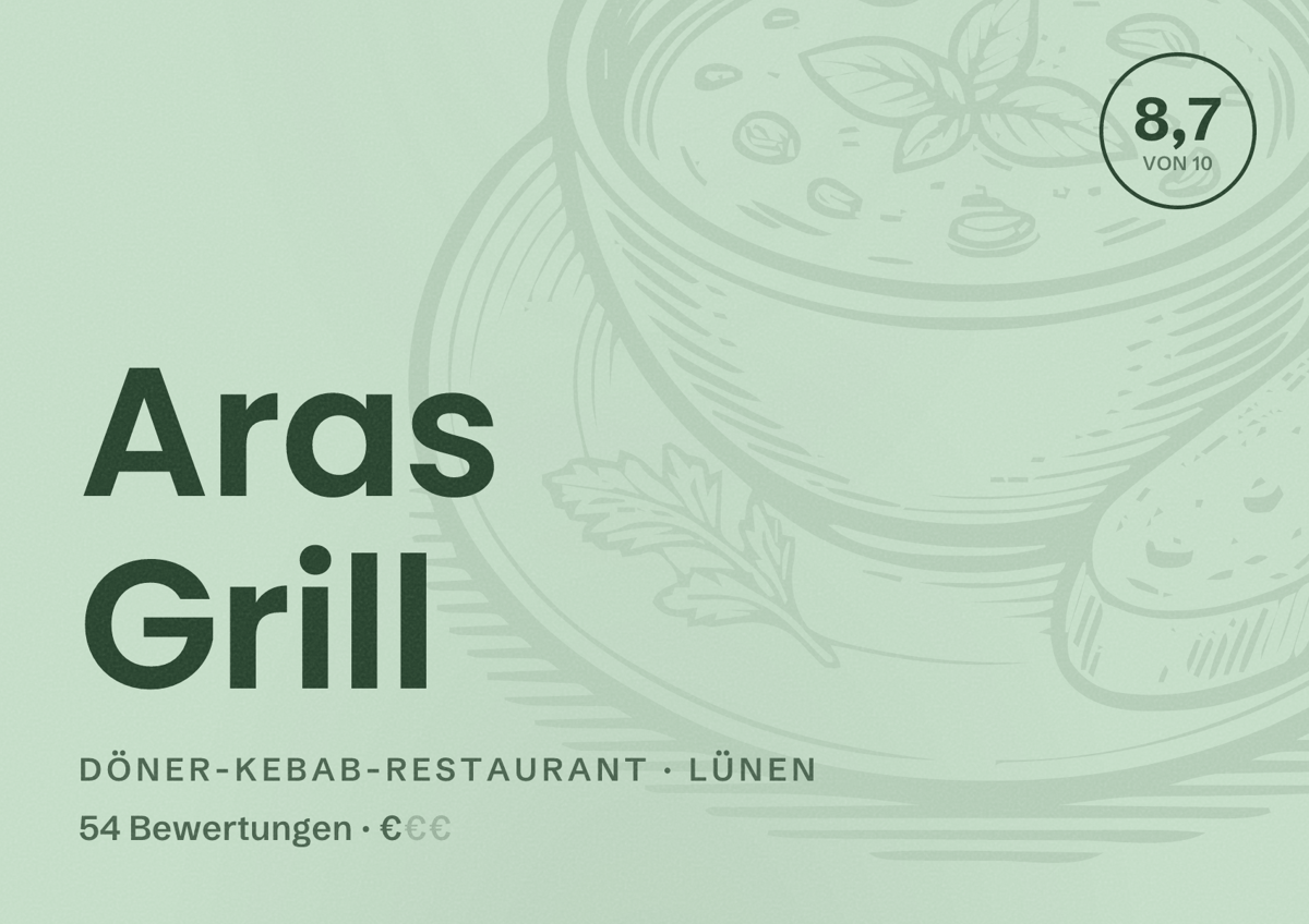 Illustriertes Poster von Aras Grill, Döner-Kebab-Restaurant in Lünen: Bewertung 8,7 von 10 aus 54 Bewertungen, Preisniveau €
