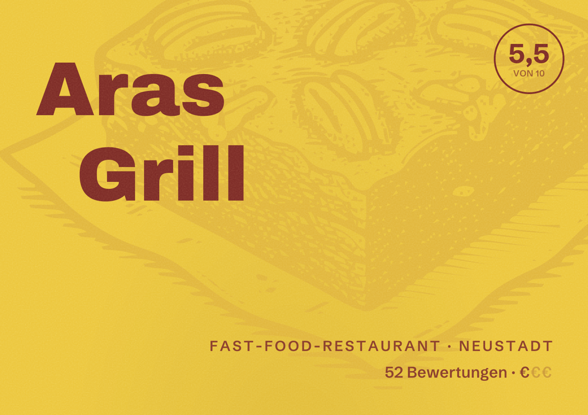 Illustriertes Poster von Aras Grill, Fast-Food-Restaurant in Neustadt: Bewertung 5,5 von 10 aus 52 Bewertungen, Preisniveau €