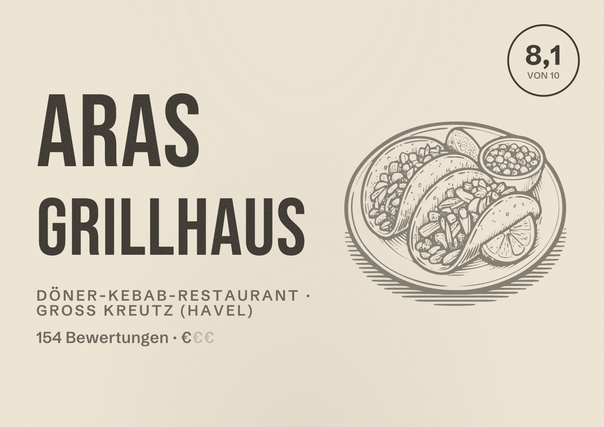 Illustriertes Poster von Aras grillhaus, Döner-Kebab-Restaurant in Groß Kreutz (Havel): Bewertung 8,1 von 10 aus 154 Bewertungen, Preisniveau €