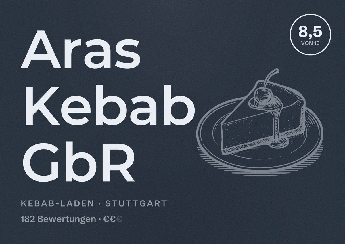 Illustriertes Poster von Aras Kebab GbR, Kebab-Laden in Stuttgart: Bewertung 8,5 von 10 aus 182 Bewertungen, Preisniveau €€