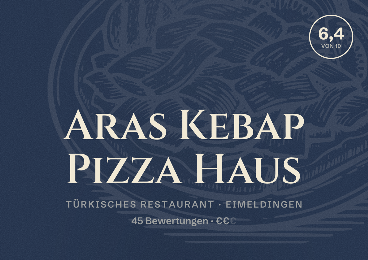 Illustriertes Poster von Aras Kebap Pizza Haus, Türkisches Restaurant in Eimeldingen: Bewertung 6,4 von 10 aus 45 Bewertungen, Preisniveau €€