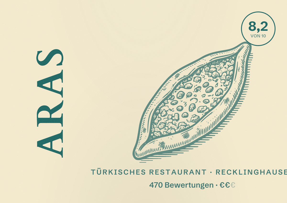 Illustriertes Poster von Aras, Türkisches Restaurant in Recklinghausen: Bewertung 8,2 von 10 aus 470 Bewertungen, Preisniveau €€