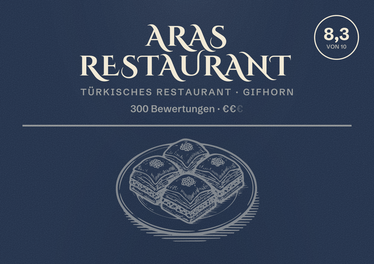 Illustriertes Poster von Aras Restaurant, Türkisches Restaurant in Gifhorn: Bewertung 8,3 von 10 aus 300 Bewertungen, Preisniveau €€