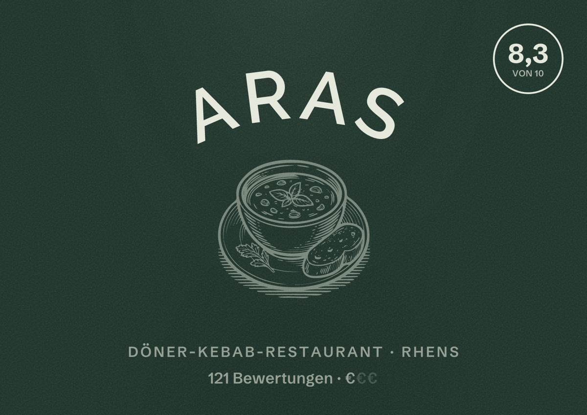 Illustriertes Poster von Aras, Döner-Kebab-Restaurant in Rhens: Bewertung 8,3 von 10 aus 121 Bewertungen, Preisniveau €