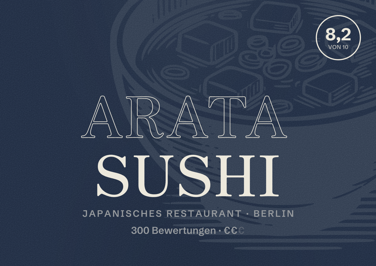 Illustriertes Poster von Arata Sushi, Japanisches Restaurant in Berlin: Bewertung 8,2 von 10 aus 300 Bewertungen, Preisniveau €€