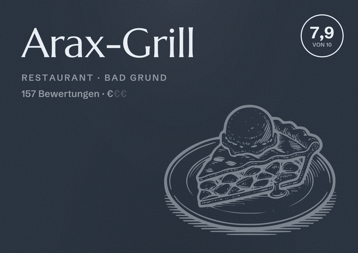 Illustriertes Poster von Arax-Grill, Restaurant in Bad Grund: Bewertung 7,9 von 10 aus 157 Bewertungen, Preisniveau €