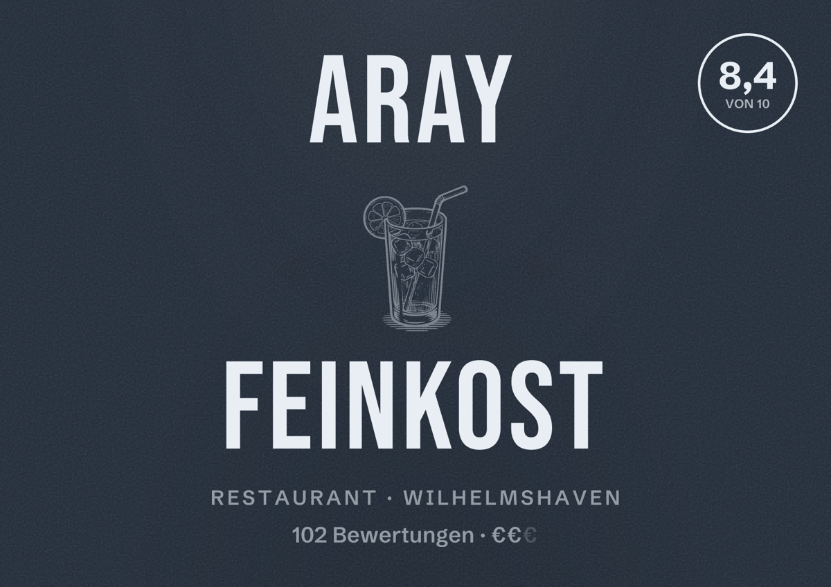 Illustriertes Poster von ARAY FEINKOST, Restaurant in Wilhelmshaven: Bewertung 8,4 von 10 aus 102 Bewertungen, Preisniveau €€