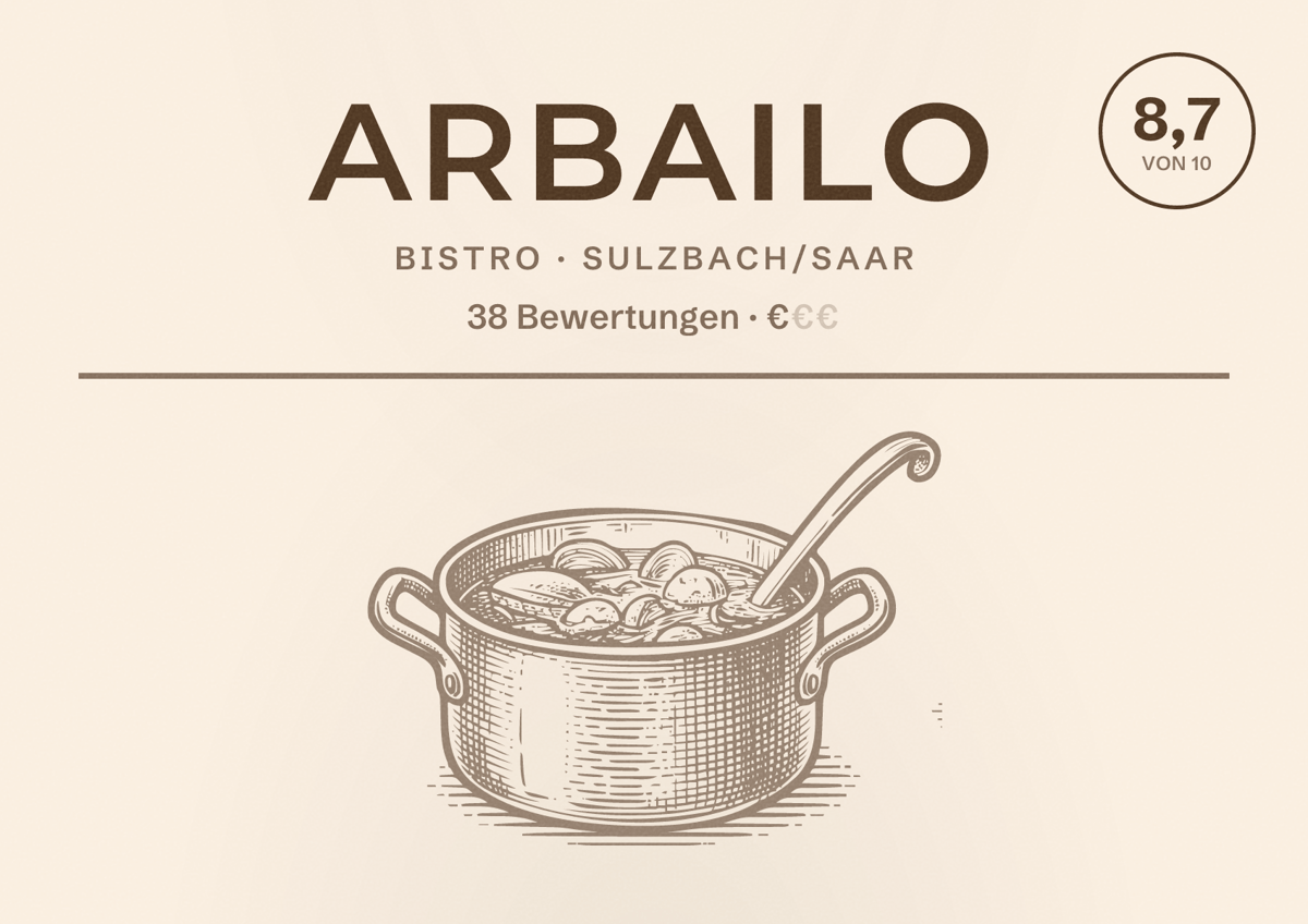 Illustriertes Poster von Arbailo, Bistro in Sulzbach/Saar: Bewertung 8,7 von 10 aus 38 Bewertungen, Preisniveau €
