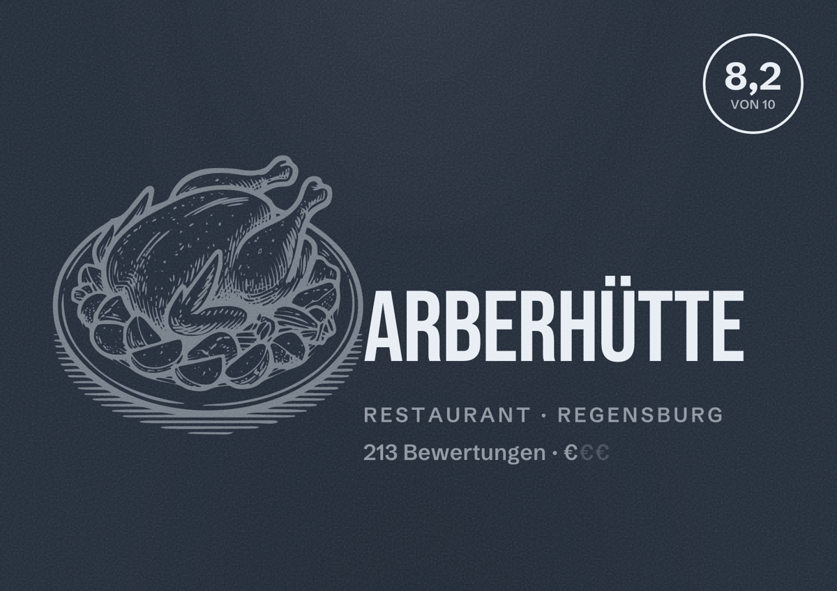 Illustriertes Poster von Arberhütte, Restaurant in Regensburg: Bewertung 8,2 von 10 aus 213 Bewertungen, Preisniveau €