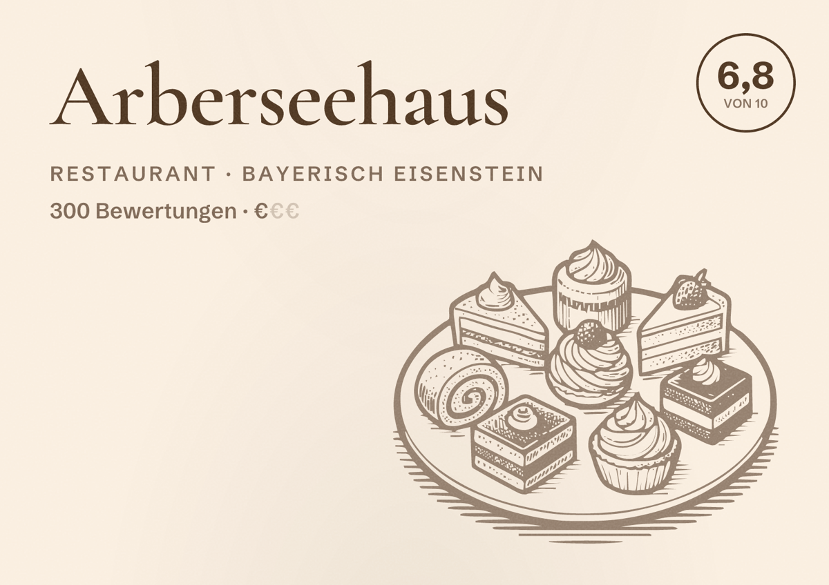 Illustriertes Poster von Arberseehaus, Restaurant in Bayerisch Eisenstein: Bewertung 6,8 von 10 aus 300 Bewertungen, Preisniveau €
