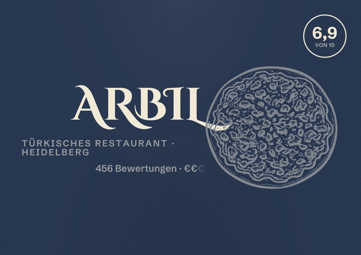 Illustriertes Poster von Arbil, Türkisches Restaurant in Heidelberg: Bewertung 6,9 von 10 aus 456 Bewertungen, Preisniveau €€