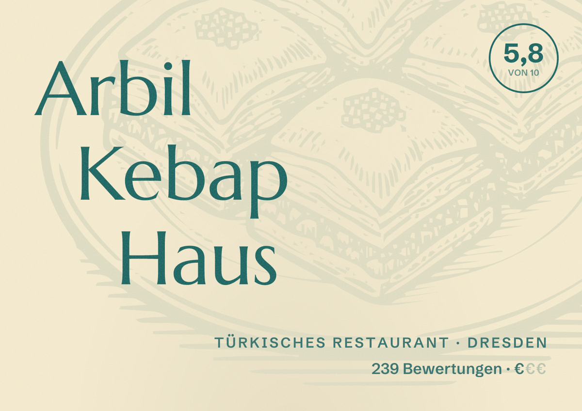 Illustriertes Poster von Arbil Kebap Haus, Türkisches Restaurant in Dresden: Bewertung 5,8 von 10 aus 239 Bewertungen, Preisniveau €