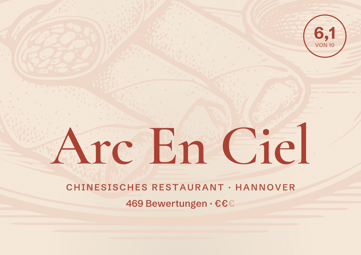Illustriertes Poster von Arc En Ciel, Chinesisches Restaurant in Hannover: Bewertung 6,1 von 10 aus 469 Bewertungen, Preisniveau €€