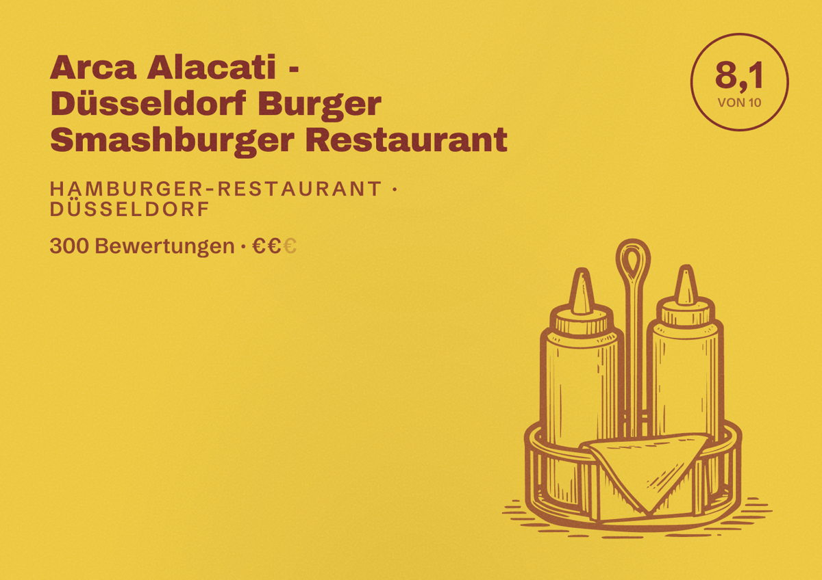 Illustriertes Poster von Arca Alacati - Düsseldorf Burger Smashburger Restaurant, Hamburger-Restaurant in Düsseldorf: Bewertung 8,1 von 10 aus 300 Bewertungen, Preisniveau €€